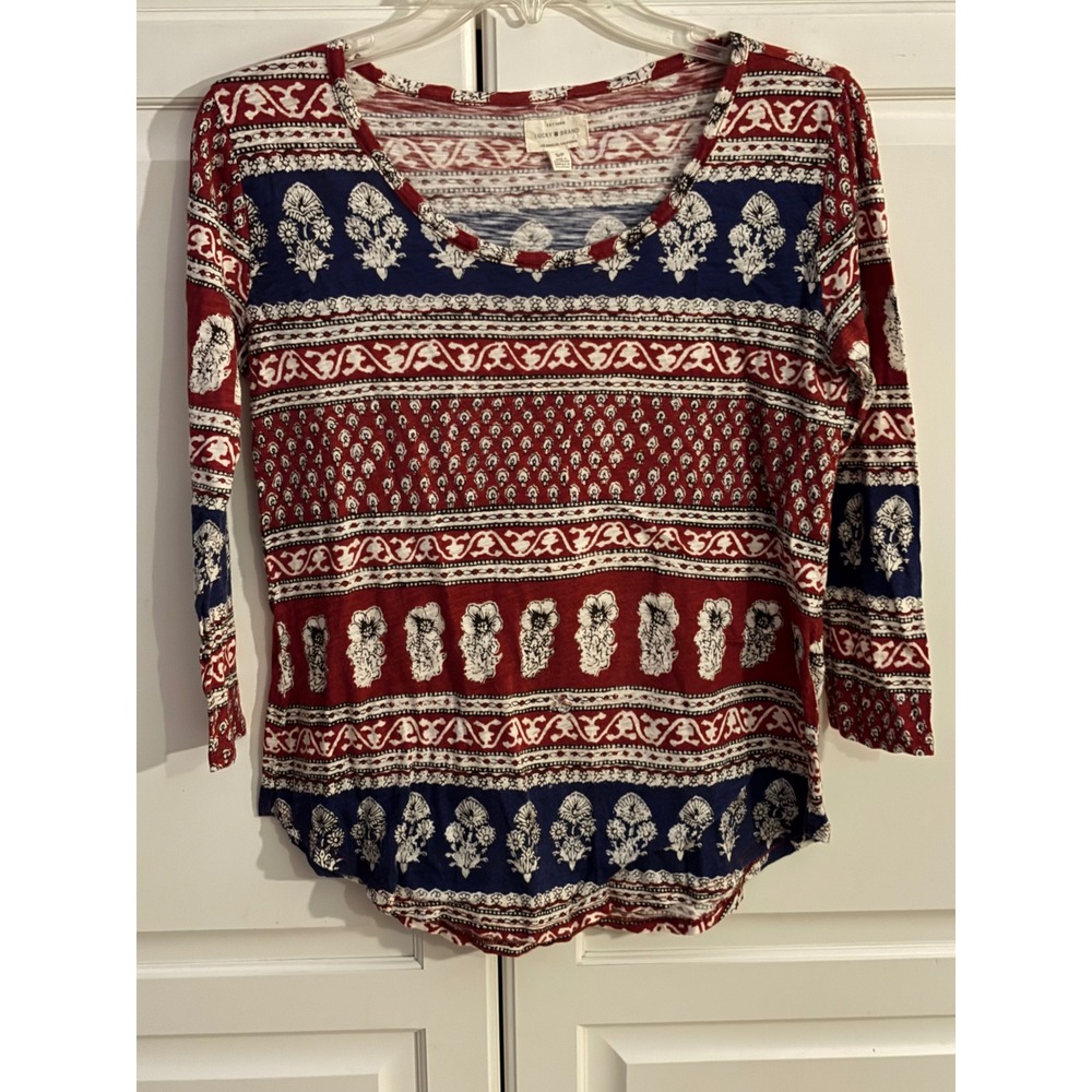 Lucky Brand Women Red Blue White Boho Floral Paisley Long Sleeve Top Small